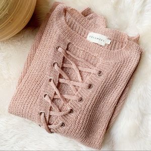 Lace up front blush sweater